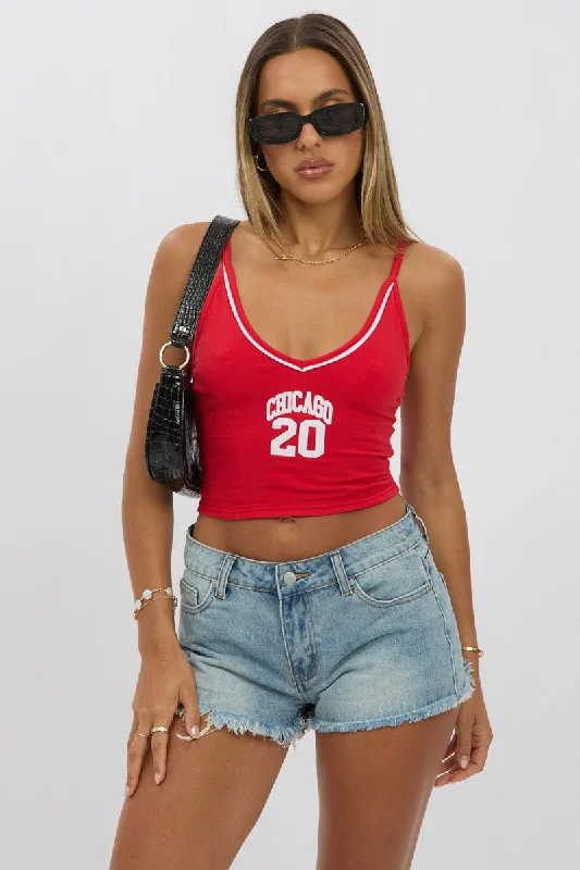 Red Graphic Halter Neck Top Streetwear Style for 