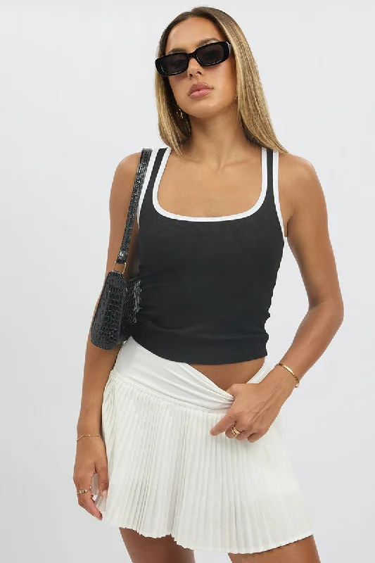 Black Tank Top Sleeveless Contrast Trim Cool Women's Distressed