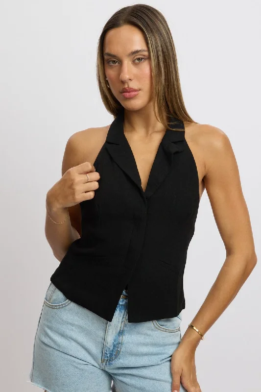 Black Vest Top V Neck Halter Neck Open Back Vintage Women's 1970S 