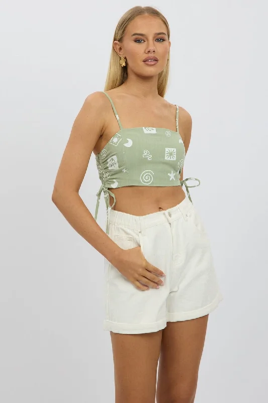 Green Abstract Crop Cami Top Side Ruched Linen Blend Vacation