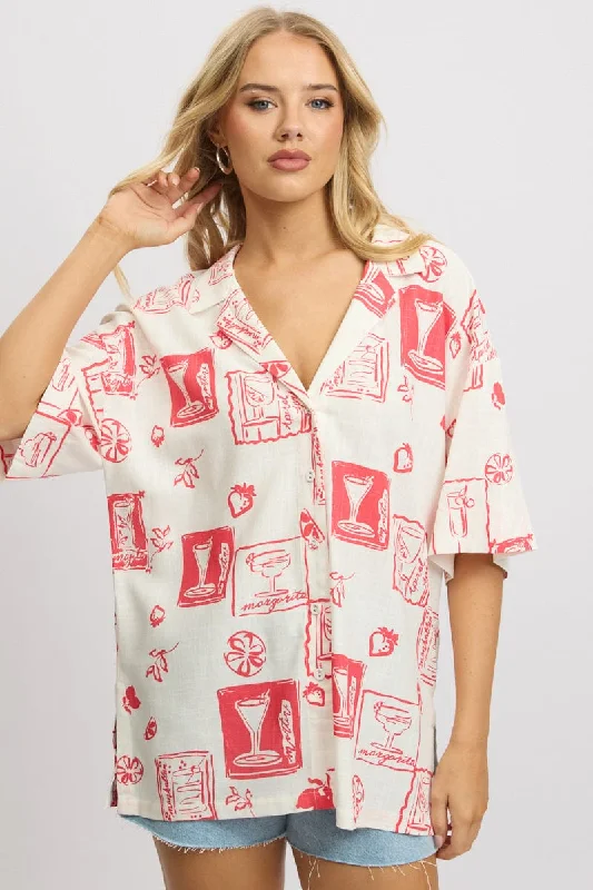 Red Abstract Relaxed Shirt Short Sleeve Linen Blend Hip Women's Urban