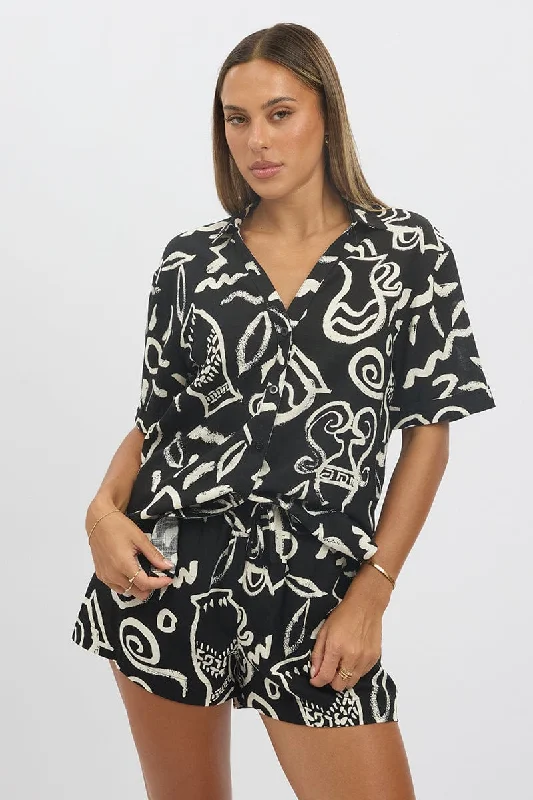 Black Abstract Relaxed Shirt Short Sleeve Women