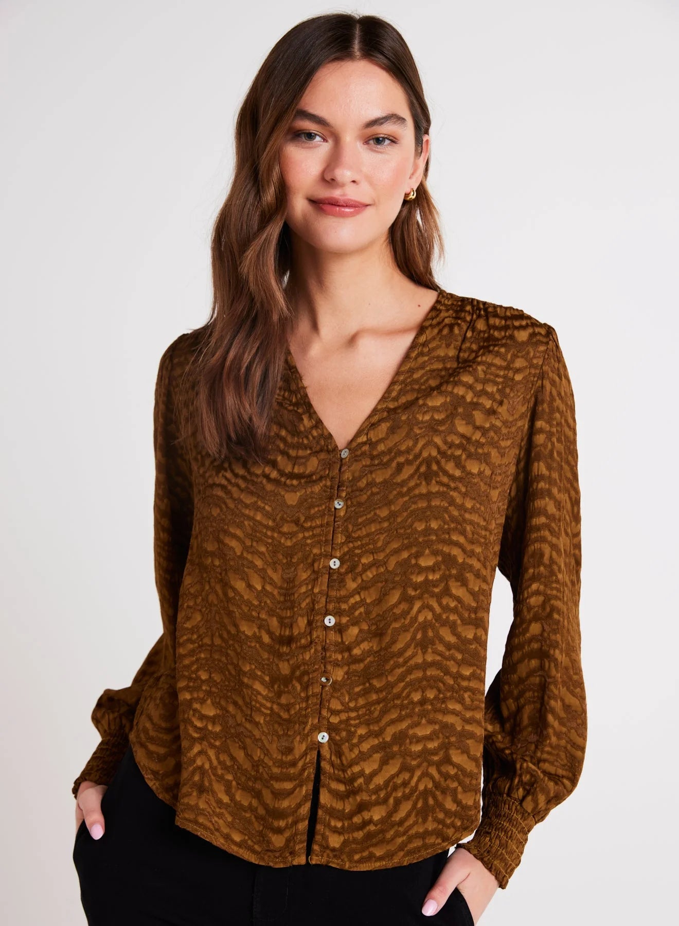 Smocked Cuff Button Down Cozy Women's Sherpa - lined