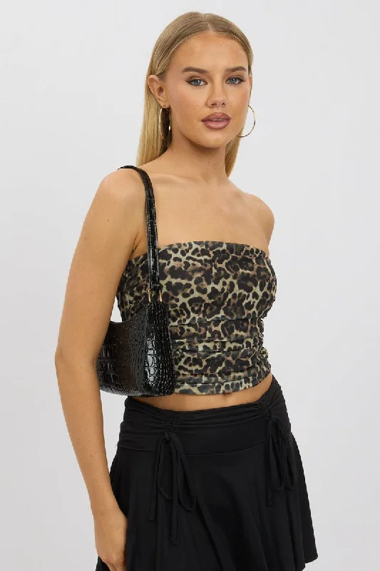 Brown Animal Print Boob Tube Top Mesh Dapper Women's 1920S
