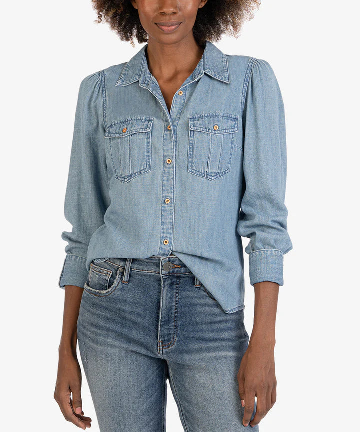 Pear Chambray Button-Up Shirt Sophisticated Women's 