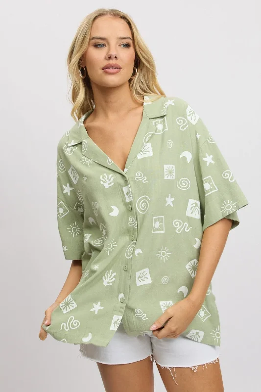 Green Abstract Relaxed Shirt Short Sleeve Traditional Women's Wool