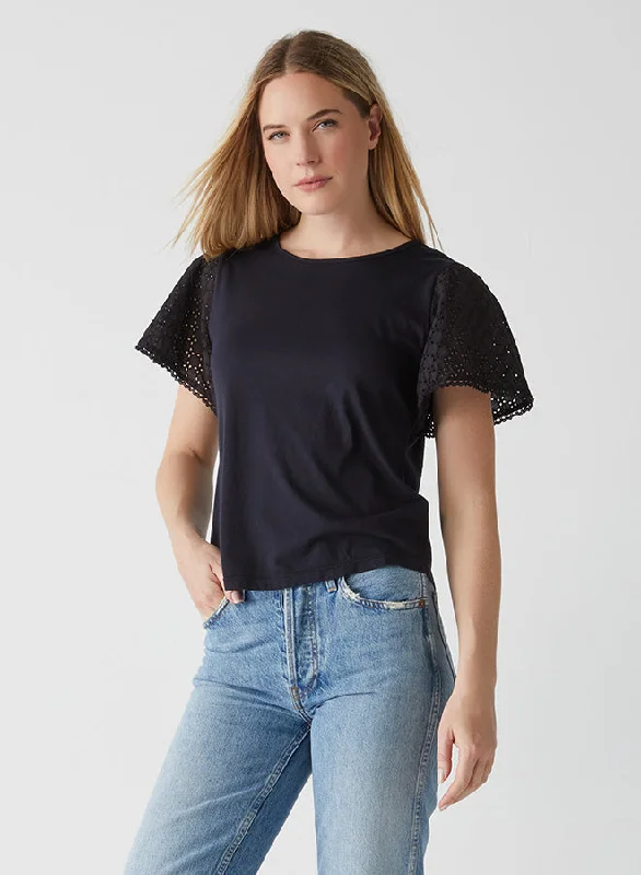 Jenny Eyelet Mixed Flutter Sleeve Top Cool Women's Distressed