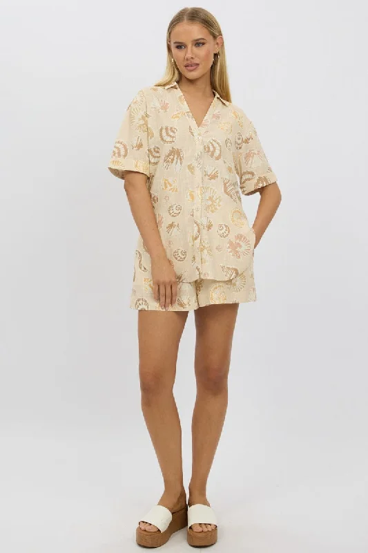 Beige Abstract Relaxed Shirt Short Sleeve Linen Blend Contemporary 