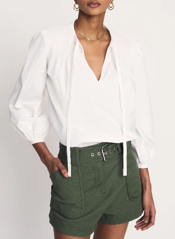 Derek Lam 10 Crosby - Austin Smocked Top Blouse in Optic White Modern Women's 