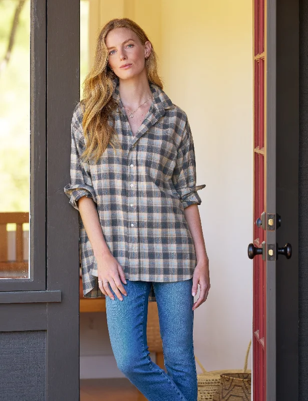 Frank & Eileen - Shirley Oversized Button-Up Shirt in Heather Blue/Brown Plaid Edgy Women's Punk