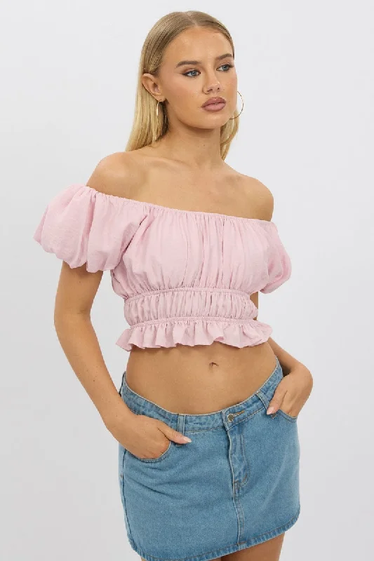Pink Ruffle Crop Top Puff Sleeve Trendy Women's 