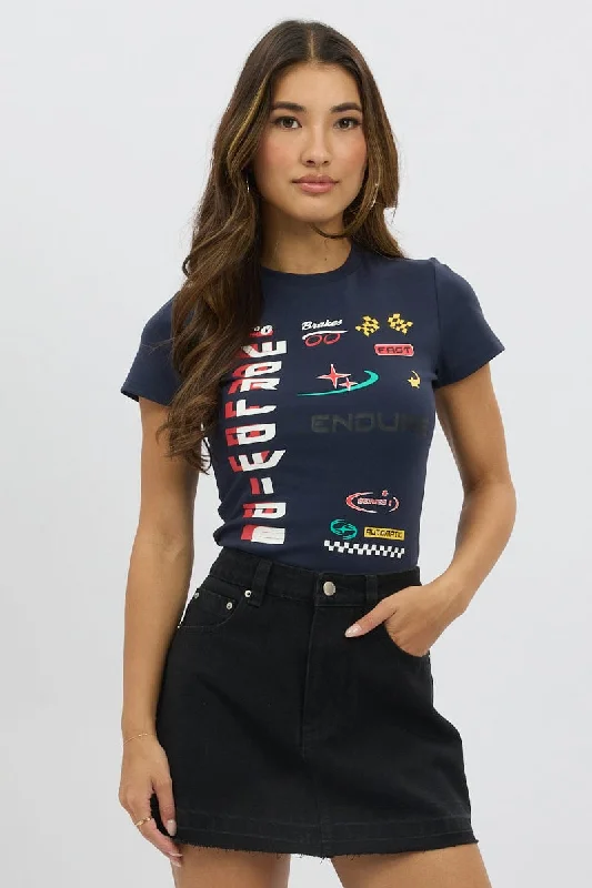 Blue Graphic Tee Short Sleeve Casual Women's Loose - fitting