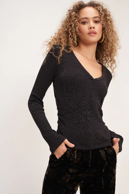 Valencia V-Neck Rib Long Sleeve Hip Women's Retro