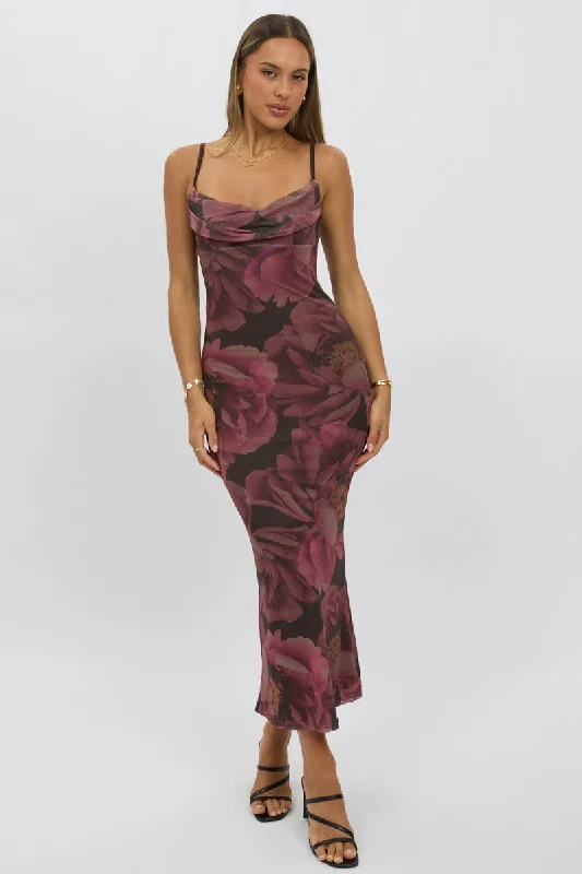 Pink Floral Bodycon Dress Singlet Cowl Neck Maxi Bold Women's Animal Print