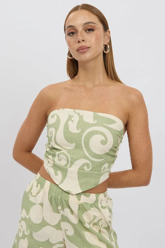 Green Abstract Crop Top Strapless Scarf Linen Blend Sporty Women's Athleisure 