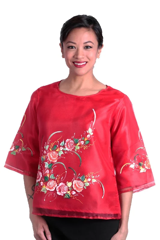 WK18 - Round Neck Kimona Red - Filipiniana Refined Women's Velvet