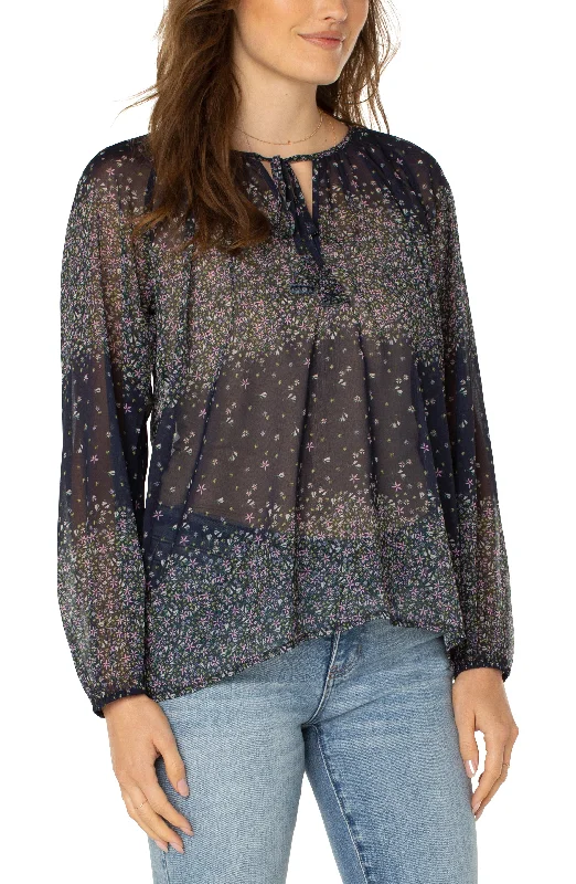 Shirred Blouse with Neck Ties Trendy Women's Oversized