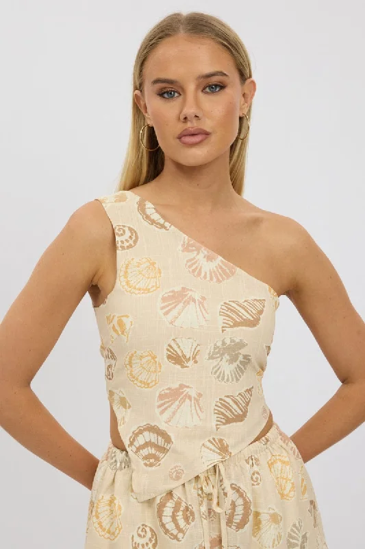 Multi Abstract Scarf Top One Shoulder Linen Blend Earthy Women's Hemp - based