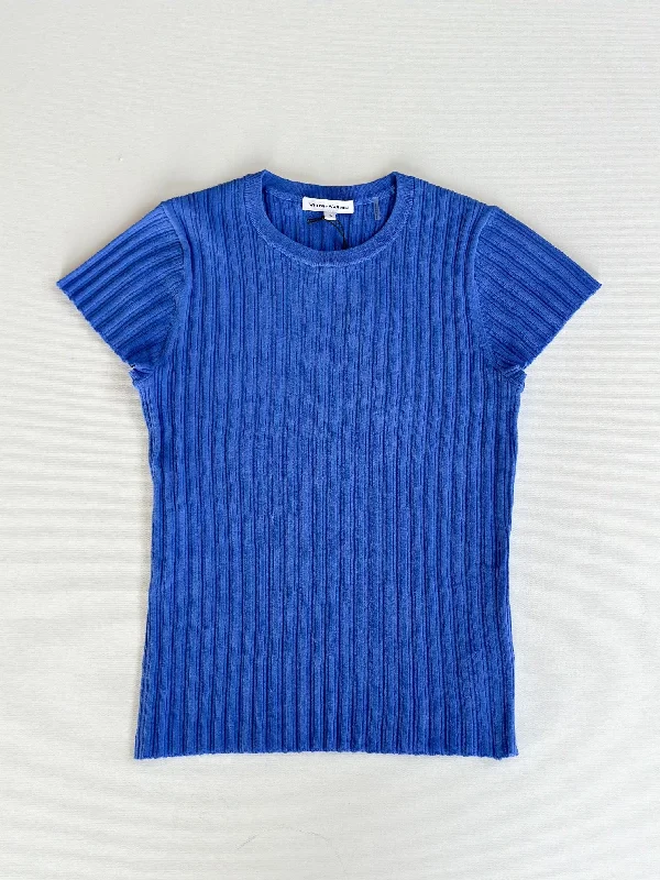 White + Warren - Linen Gauze Variegated Ribbed T-Shirt in Blue Marina Refined Women's Classic 