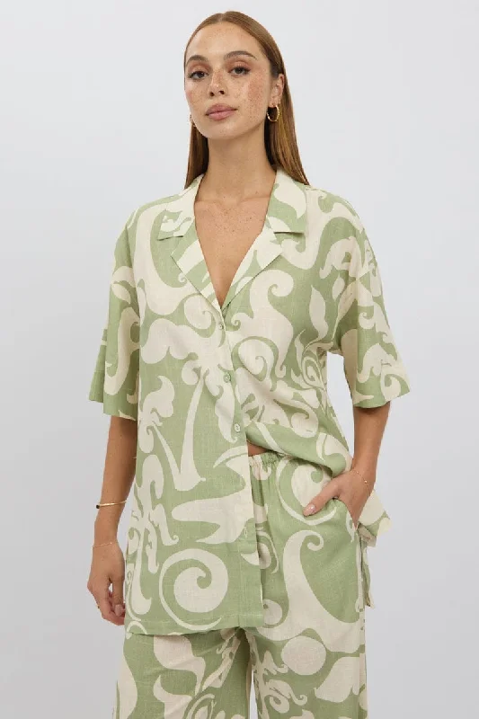 Green Abstract Relaxed Shirt Short Sleeve Linen Blend Cozy Women's Sherpa - lined