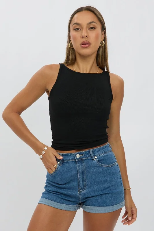 Black Boat Neck Tank Top Rib Classic Women's Tweed
