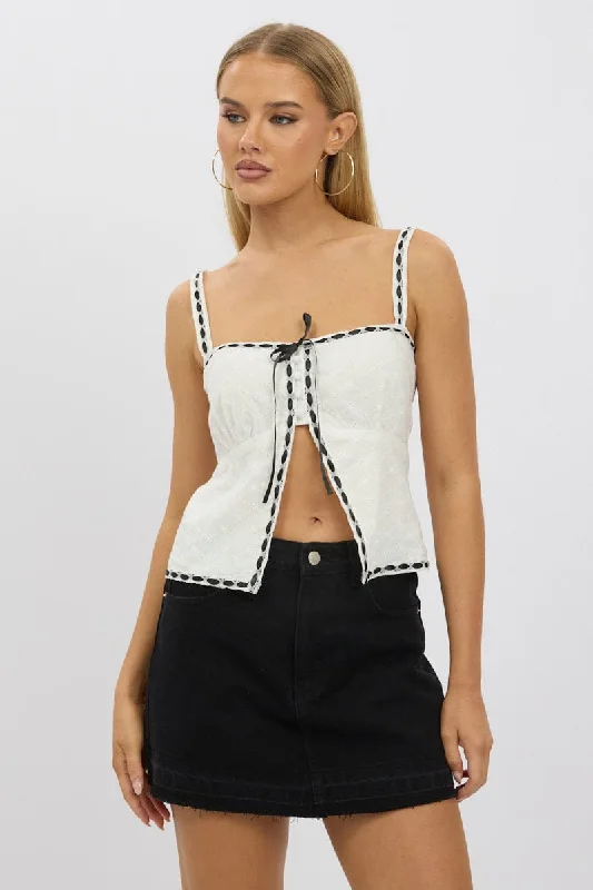 White Cami Top Sleeveless Lace Trim Ribbon French
