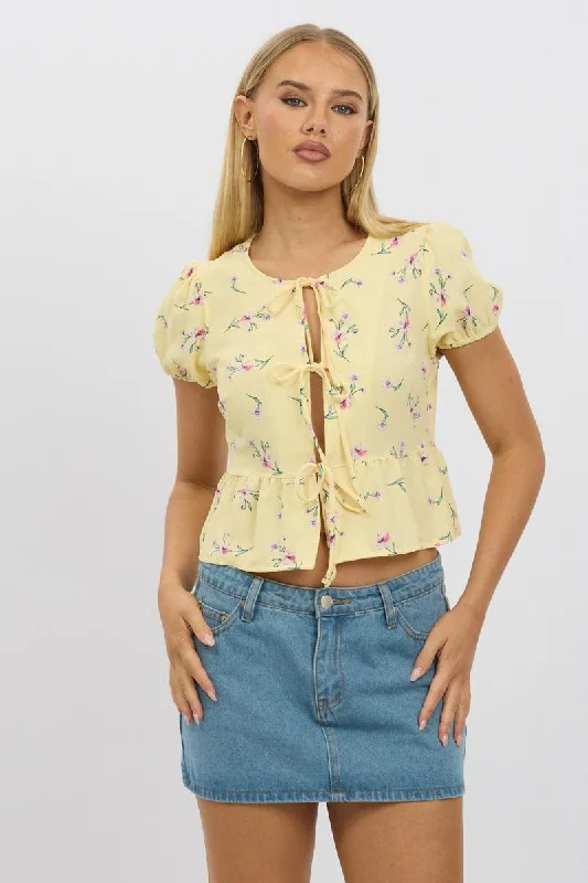 Yellow Ditsy Tie Front Top Puff Sleeve Refined Women's Hand - crafted