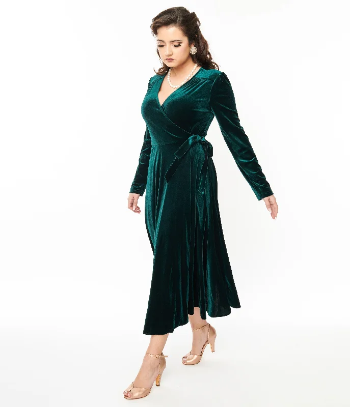 Collectif 1940s Green Velvet Kendra Wrap Dress Cool Women's Skate