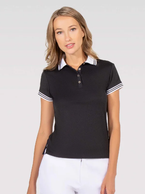 Riley Performance Short Sleeve Polo - Black/White Sleek Women's Metallic