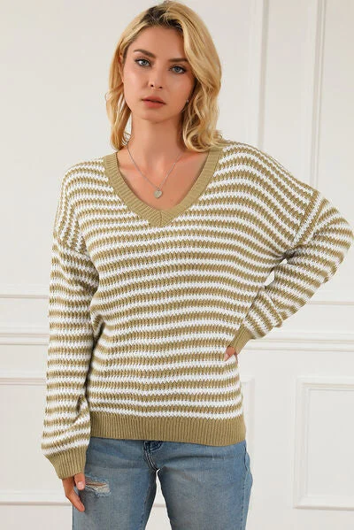 Striped V-Neck Dropped Shoulder Sweater Australian Beach