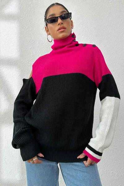 Contrast Buttoned Cutout Long Sleeve Sweater Trendy Women's Oversized