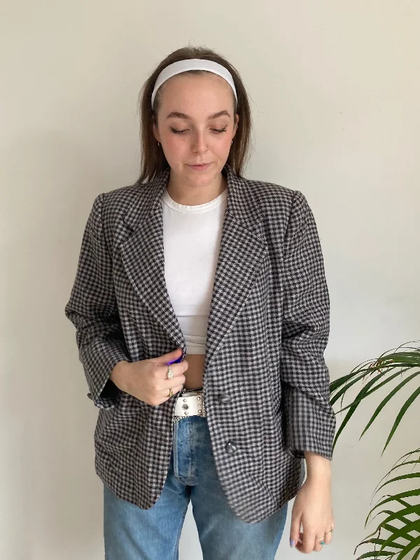 Grey Gingham Blazer (M) Laid - back Women's Style