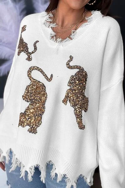 Tiger Sequin Raw Hem Dropped Shoulder Sweater British Gentlewoman Style