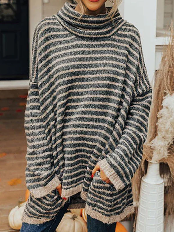 Striped Turtleneck Sweater with Pockets Tough Women's Military - inspired