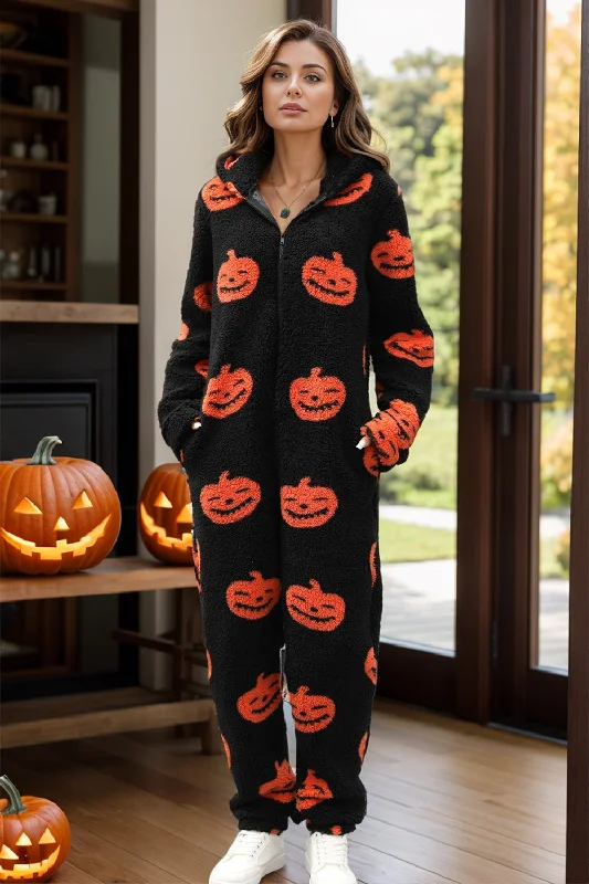 Fuzzy Pumpkin Half Zip Hooded Jumpsuit Bold Women's Animal Print