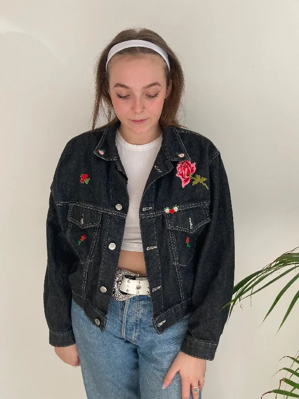 Black Flower Patched Denim Jacket (M) Elegant Women's 