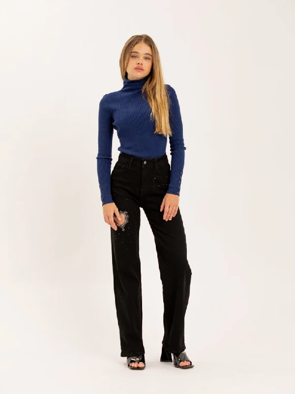 Jean large taille haute noir orné de cristaux motif cœur Edgy Women's Punk