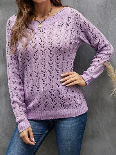Openwork Round Neck Long Sleeve Sweater Unique Women's Upcycled