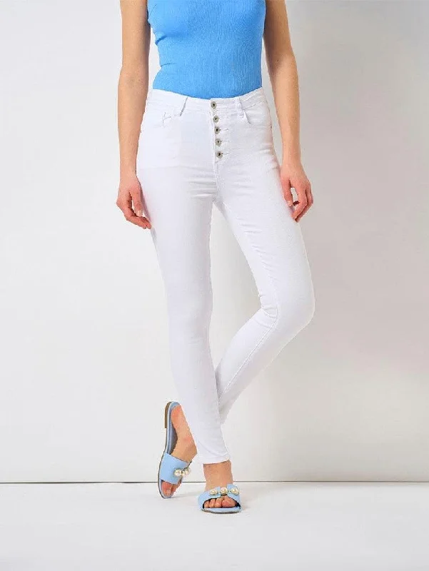 Jeans slim blanc taille haute 5 boutons Stylish Women's Tropical 