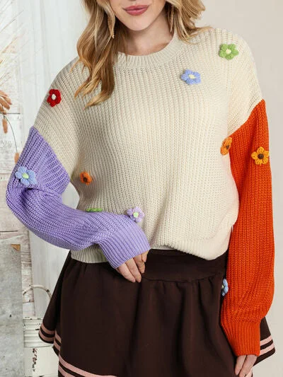 Flower Contrast Round Neck Sweater Tough Women's Military - inspired