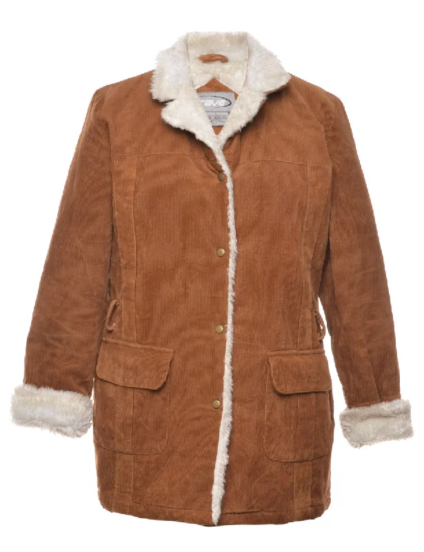Corduroy Faux Fur Trim Brown Coat - L Gym