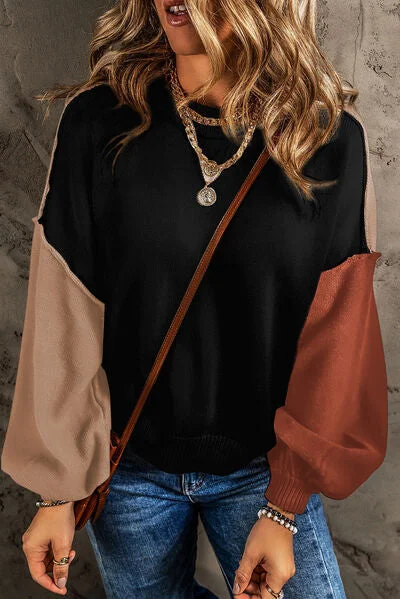 Contrast Round Neck Dropped Shoulder Sweater Trendy Women's 