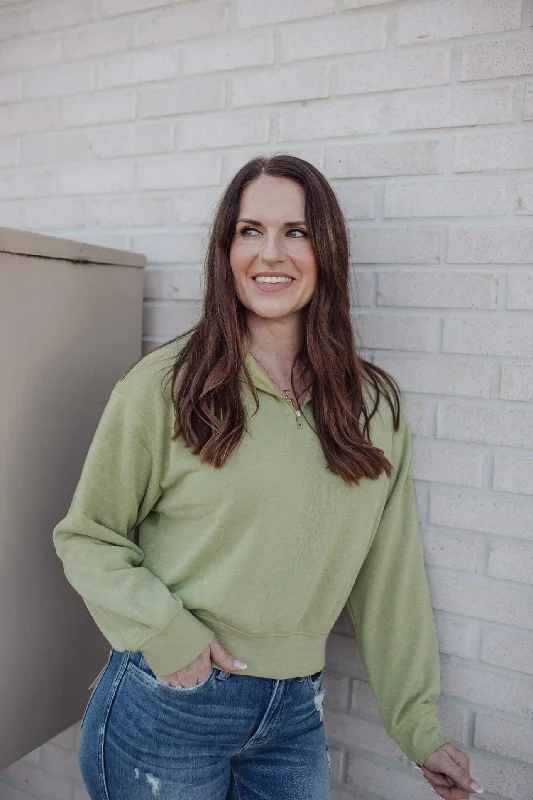 Settle Down Half Zip Pullover - Pale Olive Refined Women's 