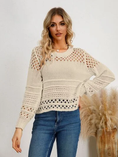 Cutout Round Neck Knit Top Laid - back Women's Vibe