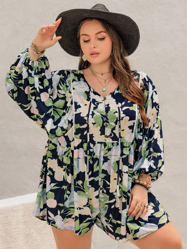 Plus Size Tied Printed Long Sleeve Romper Sleek Women's 