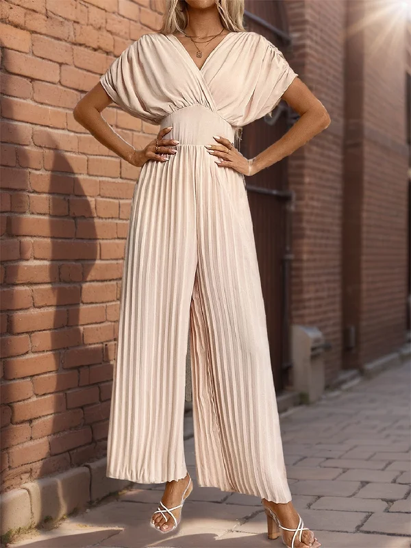 Pleated Short Sleeve Wide Leg Jumpsuit Stylish Women's Tropical 