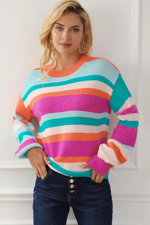 Striped Round Neck Long Sleeve Knit Top Monochromatic Office Style