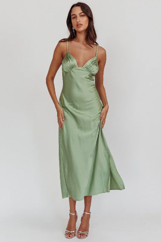 Felicity Pleat Bust Split Midi Dress Sage Luxurious Women's High -  end