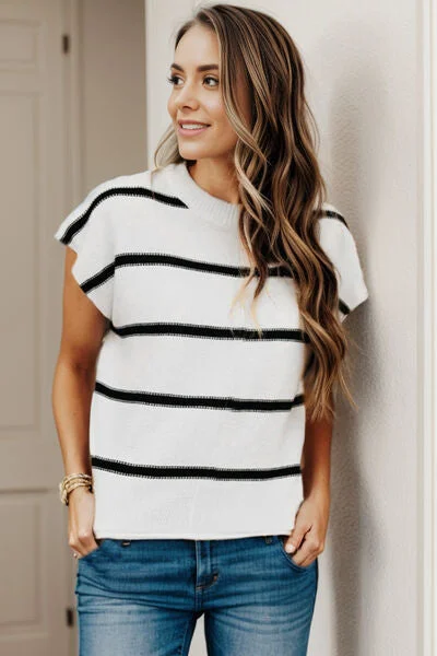 Striped Round Neck Cap Sleeve Sweater Traditional Women's Wool