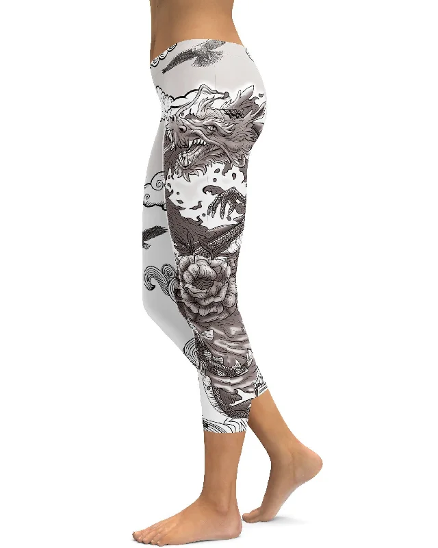 B&W Tattooed Dragon Capris Athletic Women's 